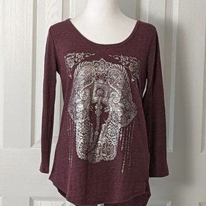 LUCKY BRAND Women's Long Sleeve Tee Shirt Top  Size S  Wine Silver